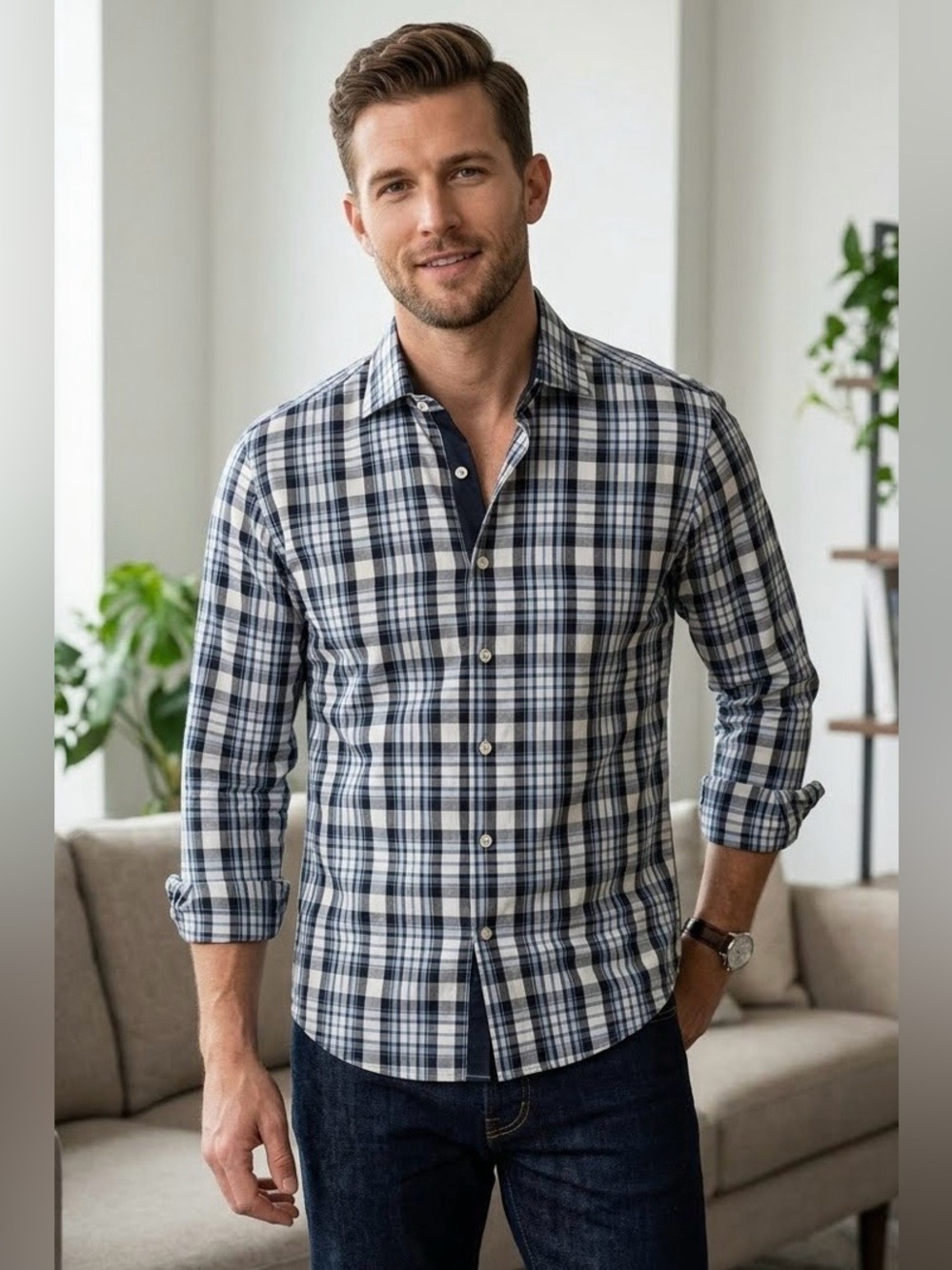 NWOT Bresciani Platinum Collection Men's Blue & White Plaid Button Down Size M